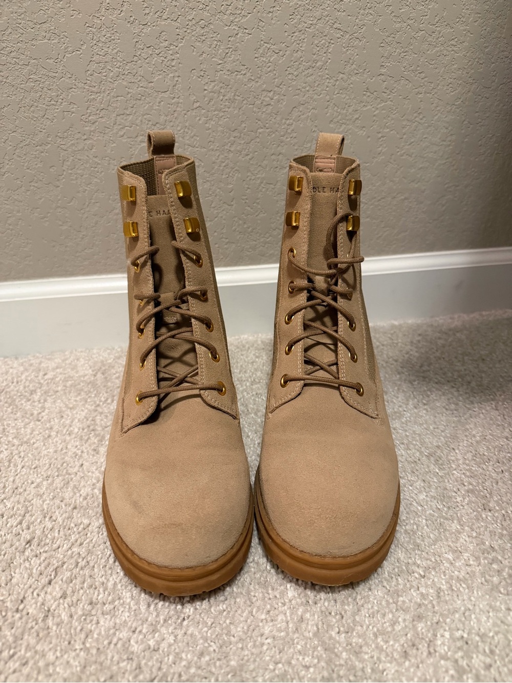 Cole Haan Camea Waterproof Lace-Up Combat Boots in Beige Suede - Picture 5 of 6